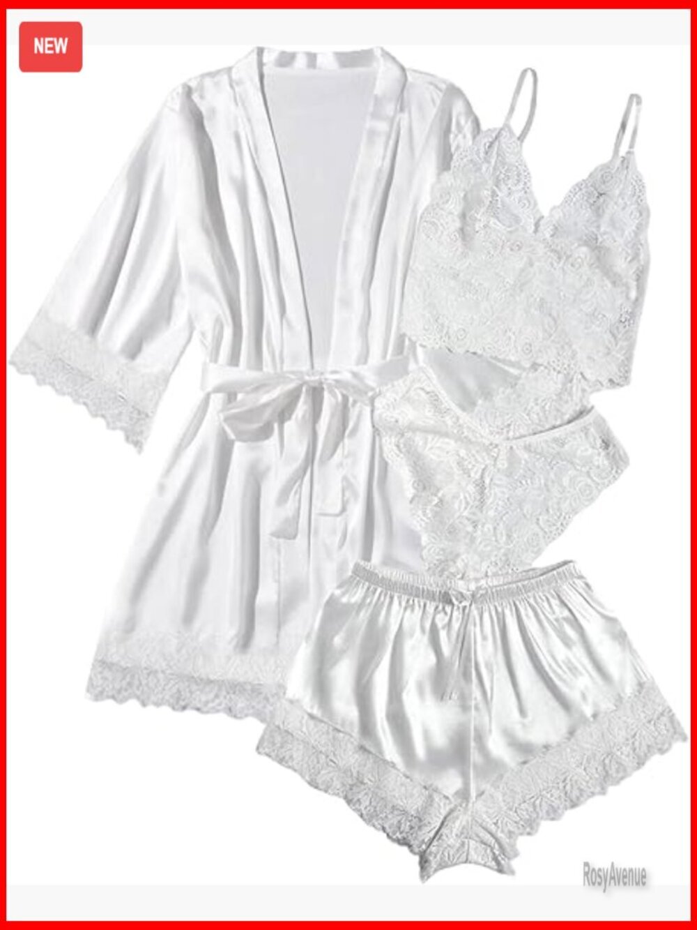 Satin Lace Cami Pajama Set with Robe - 4 Pieces